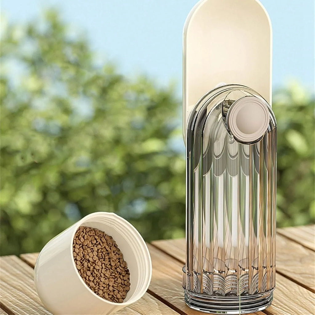 Beige foldable dog water bottle with food container at base, shown extended and collapsed.