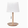 Walnut colour solid wood bedside lamp with cloth shade and cable switch
