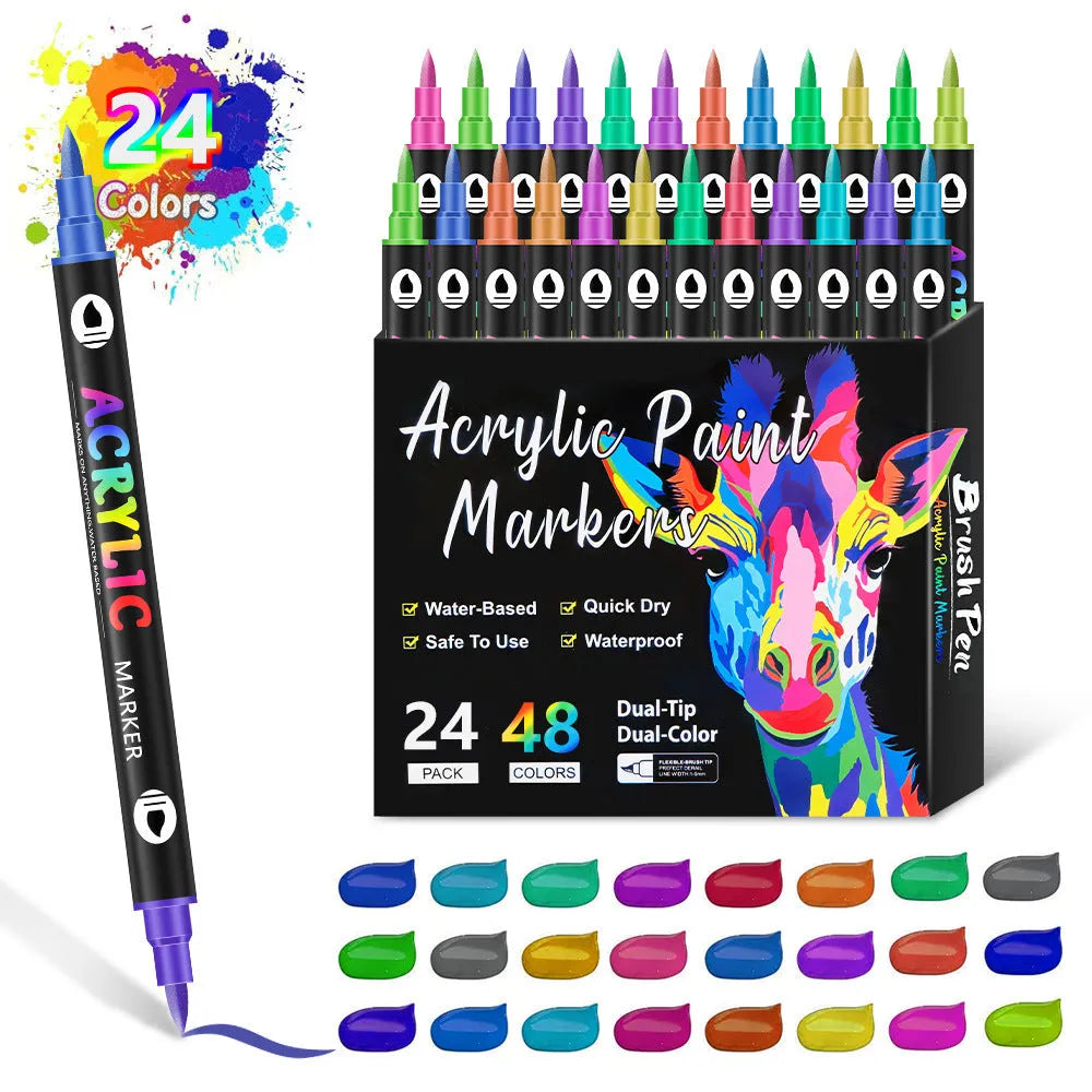 Set of double-ended acrylic marker pens with washable opaque ink in various colours.