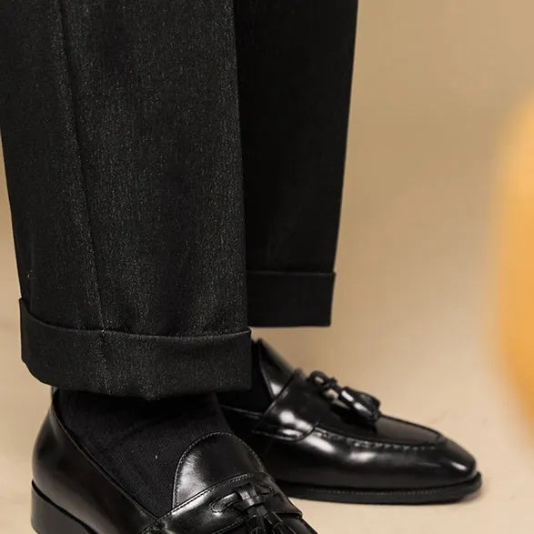 Men's black leather tassel loafers business casual shoes with rubber sole