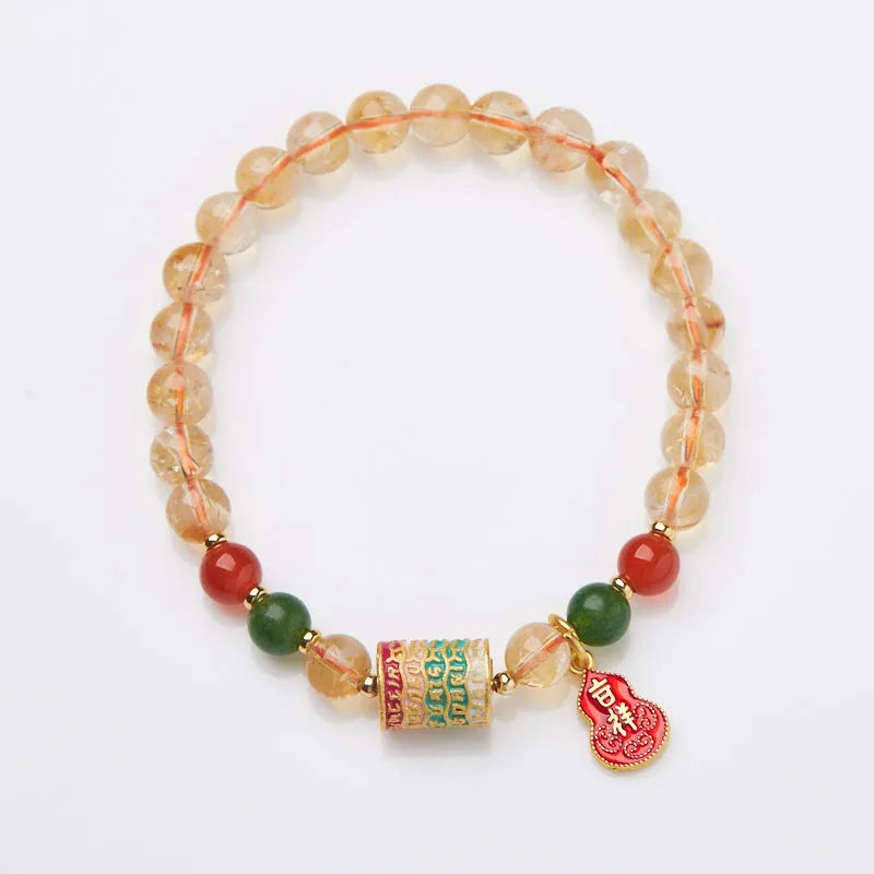Hand-woven citrine five sutra bracelet with geometric five-warp pattern and 6mm crystal beads