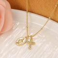Golden Virgin Mary necklace with geometric cross pendant on copper chain