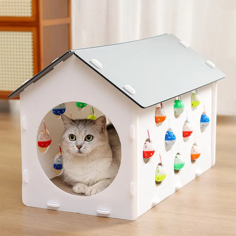 Plastic cat scratch board with integrated tunnel, bell ball toy, and enclosed nest design