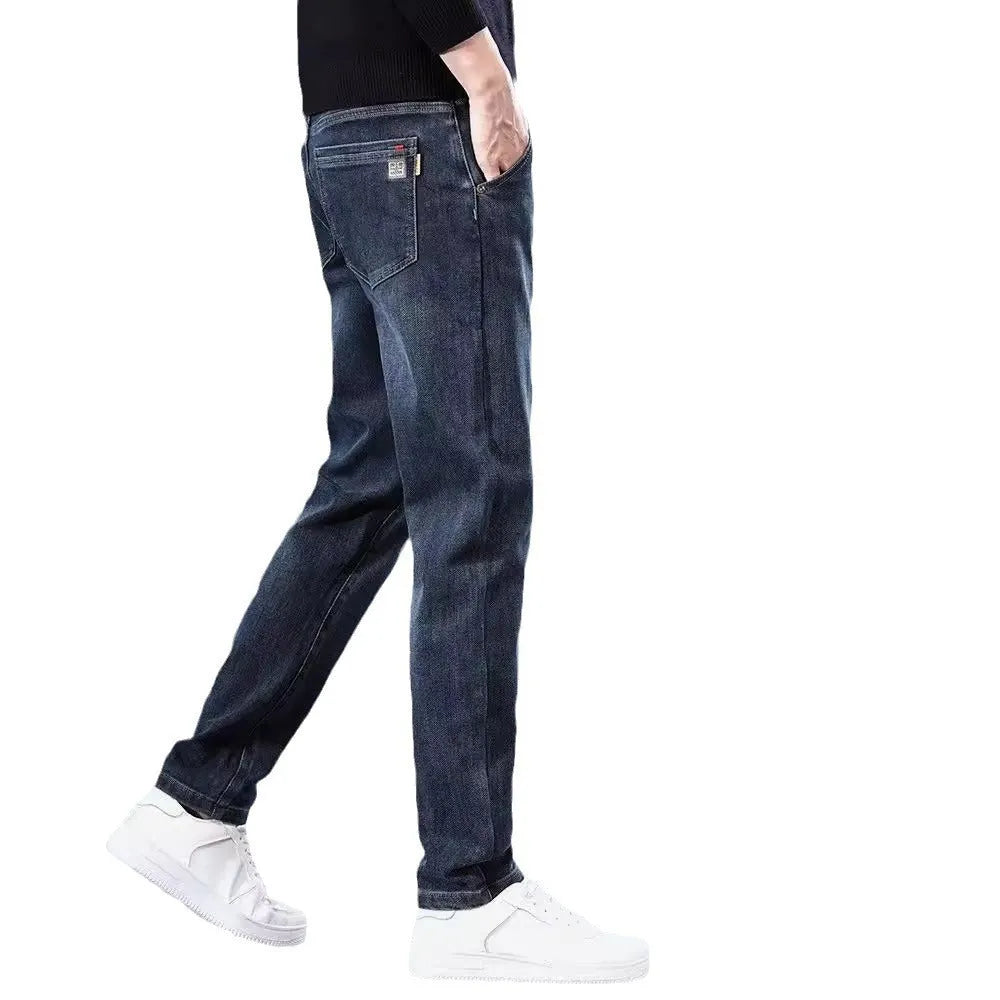 Men's slim straight casual trousers in polyester fabric with micro-elastic waist and zipper fly