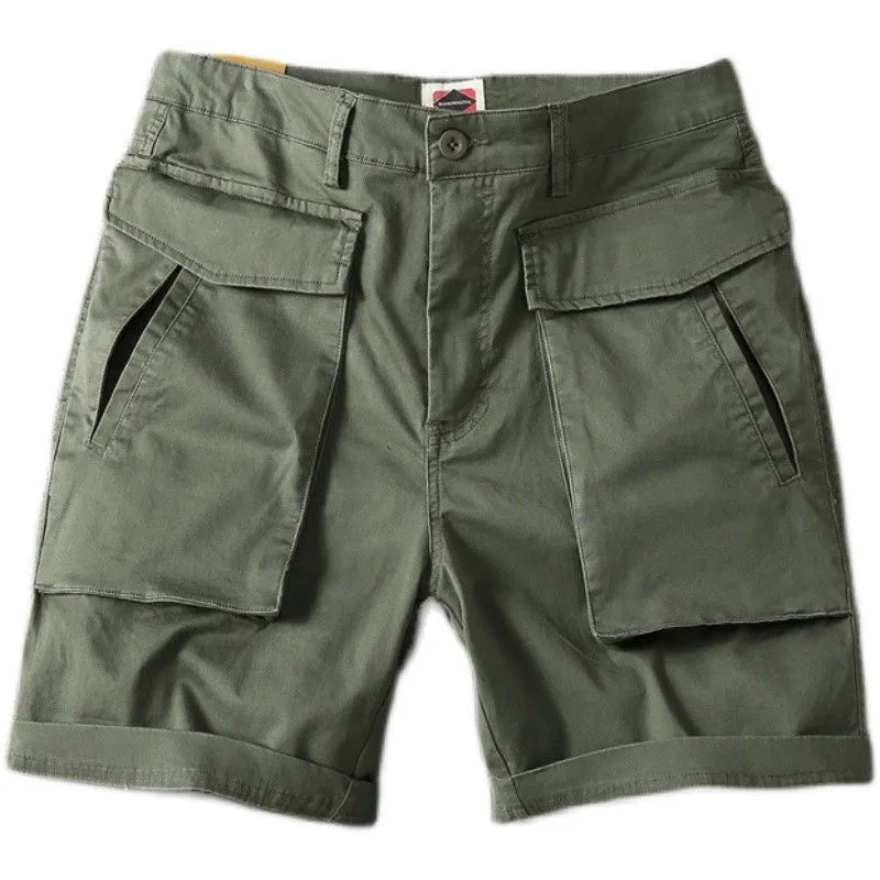 Men's straight cut cotton cargo shorts in army green with multiple pockets on the legs.