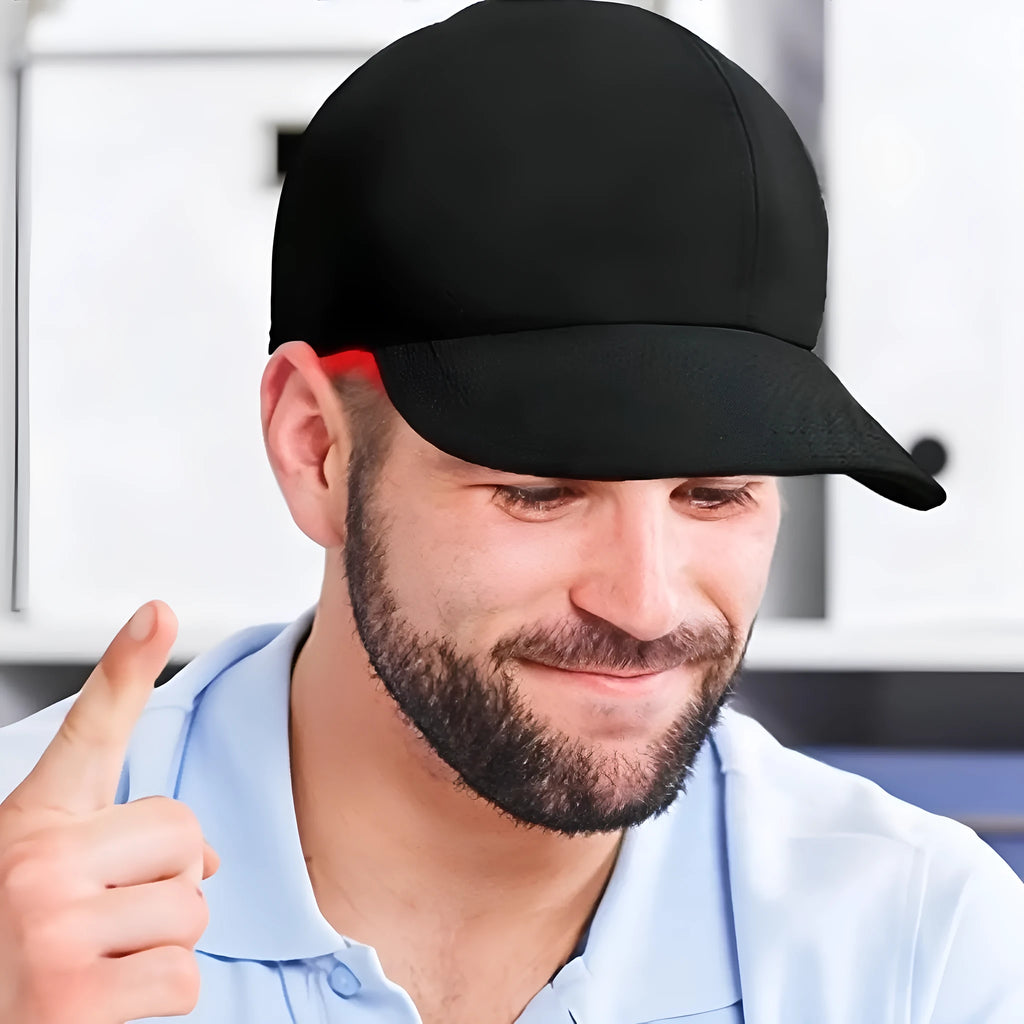 Black infrared peaked cap for hair growth with LED light strips and separate controller
