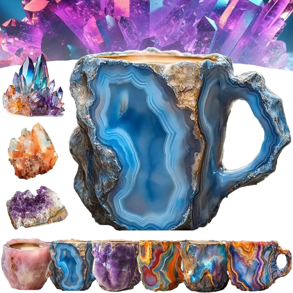 Resin mineral crystal coffee mug with handle in purple colour, showing 3D texture.