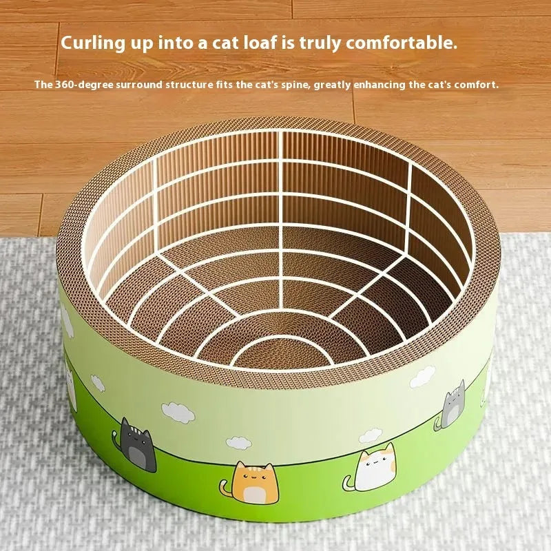 Corrugated paper cat scratch board with deep pit texture in round design, measuring 45cm or 50cm