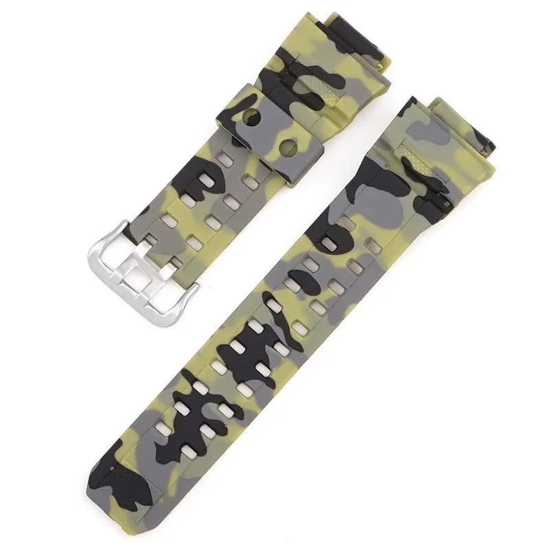 Camouflage pattern TPU rubber watch strap with a silver buckle.
