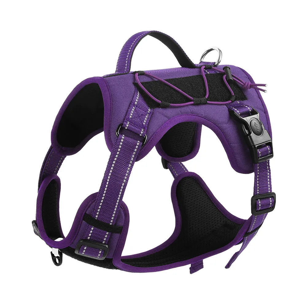 Orange explosion-proof dog harness vest with black reflective strips and an integrated black hand-holding rope.