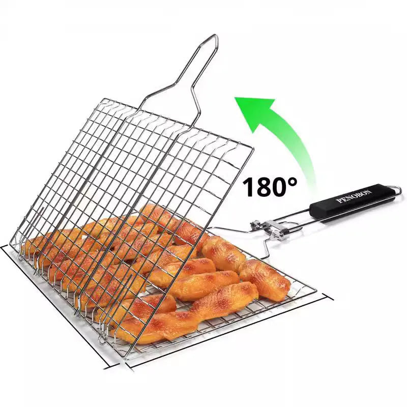 Stainless steel square folding barbecue grill mesh basket with cleaning brush
