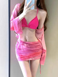Women's blue high-waisted bikini four-piece swimsuit set showing shirt, bra, underwear and skirt components