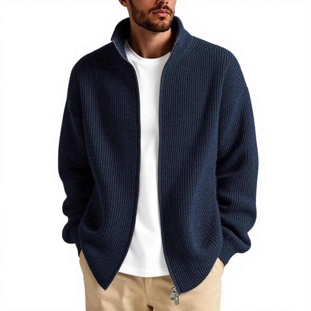 Men's loose fit cardigan sweater in acrylic blend fabric shown in beige colour