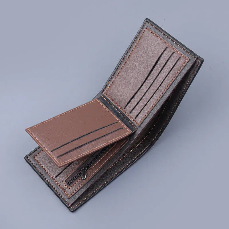 Men's short clip wallet in PU, 11.5 x 9.2 x 2cm, two-fold horizontal design, shown in black, dark brown and light brown