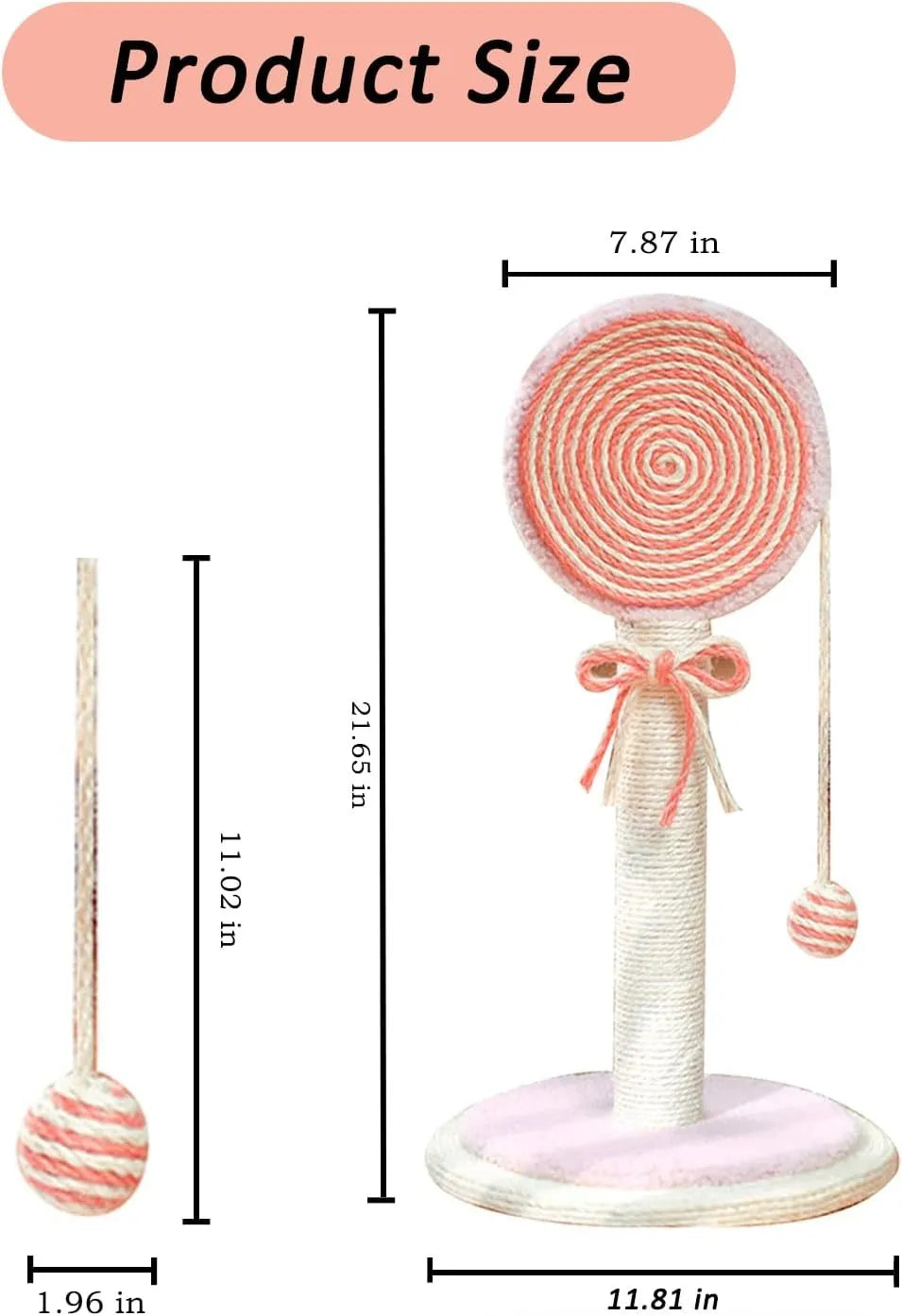 Blue cat scratching post with sisal rope and a hanging yellow ball on a sturdy wooden base.