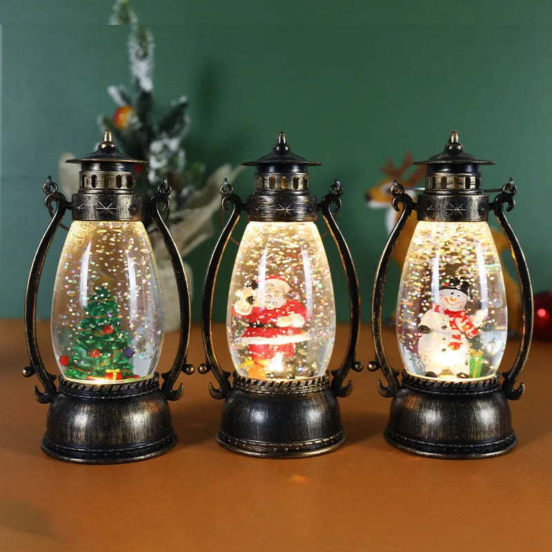 Crystal ball oil lamp desktop decoration with snowman design and battery-powered illumination