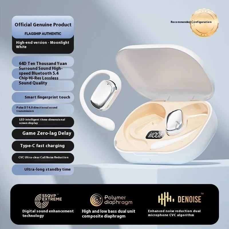 Ear-mounted wireless headphones in black colour with a small digital display screen on the side