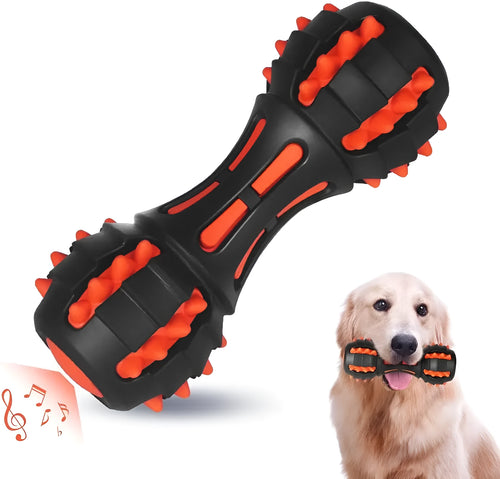 Red dumbbell-shaped rubber dog chew toy with textured surface for dental cleaning
