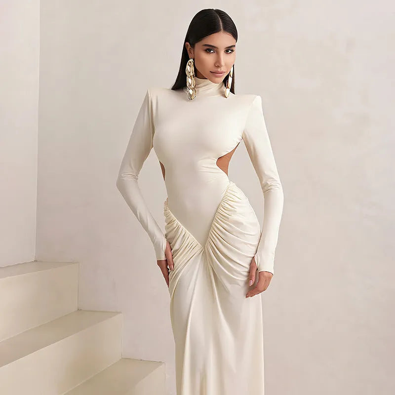 Women's slim fit long sleeve dress with high collar and pleated backless detail.
