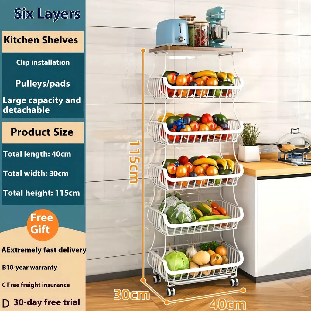 Black six layer floor standing kitchen storage trolley with metal frame