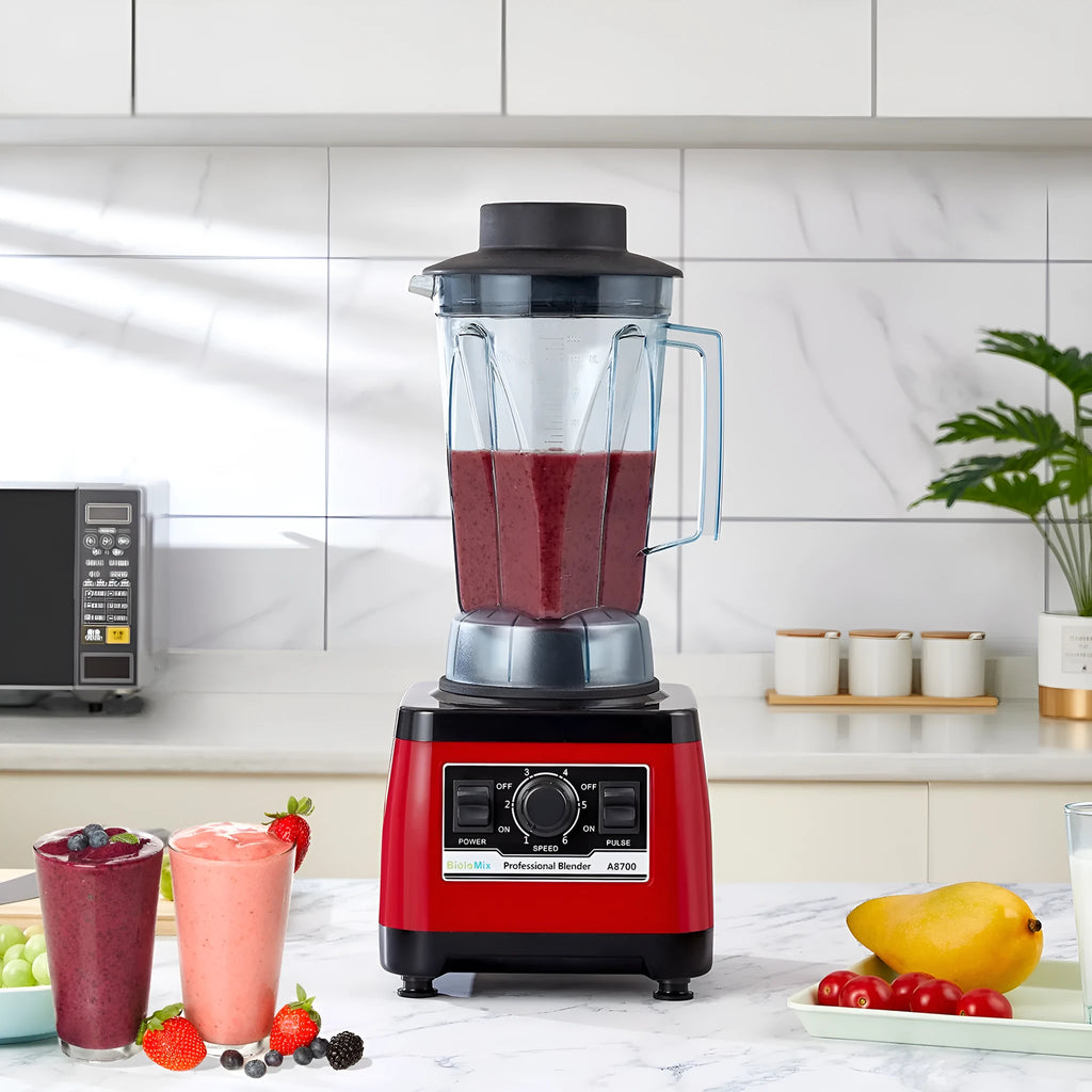 Red commercial blender with 2200W motor and 2-litre jug for industrial kitchen use.