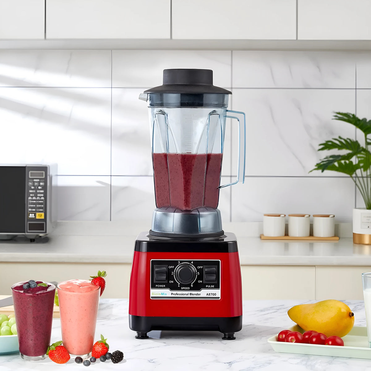Red commercial blender with 2200W motor and 2-litre jug for industrial kitchen use.