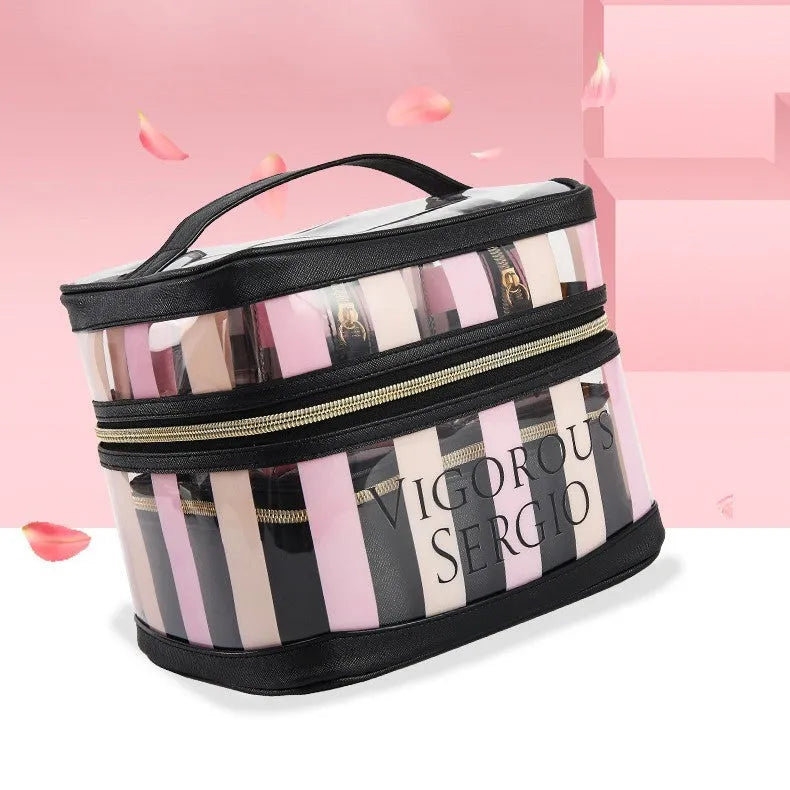 Pink bold stripes makeup bag with flower pattern, synthetic leather with waterproof lining, folding design