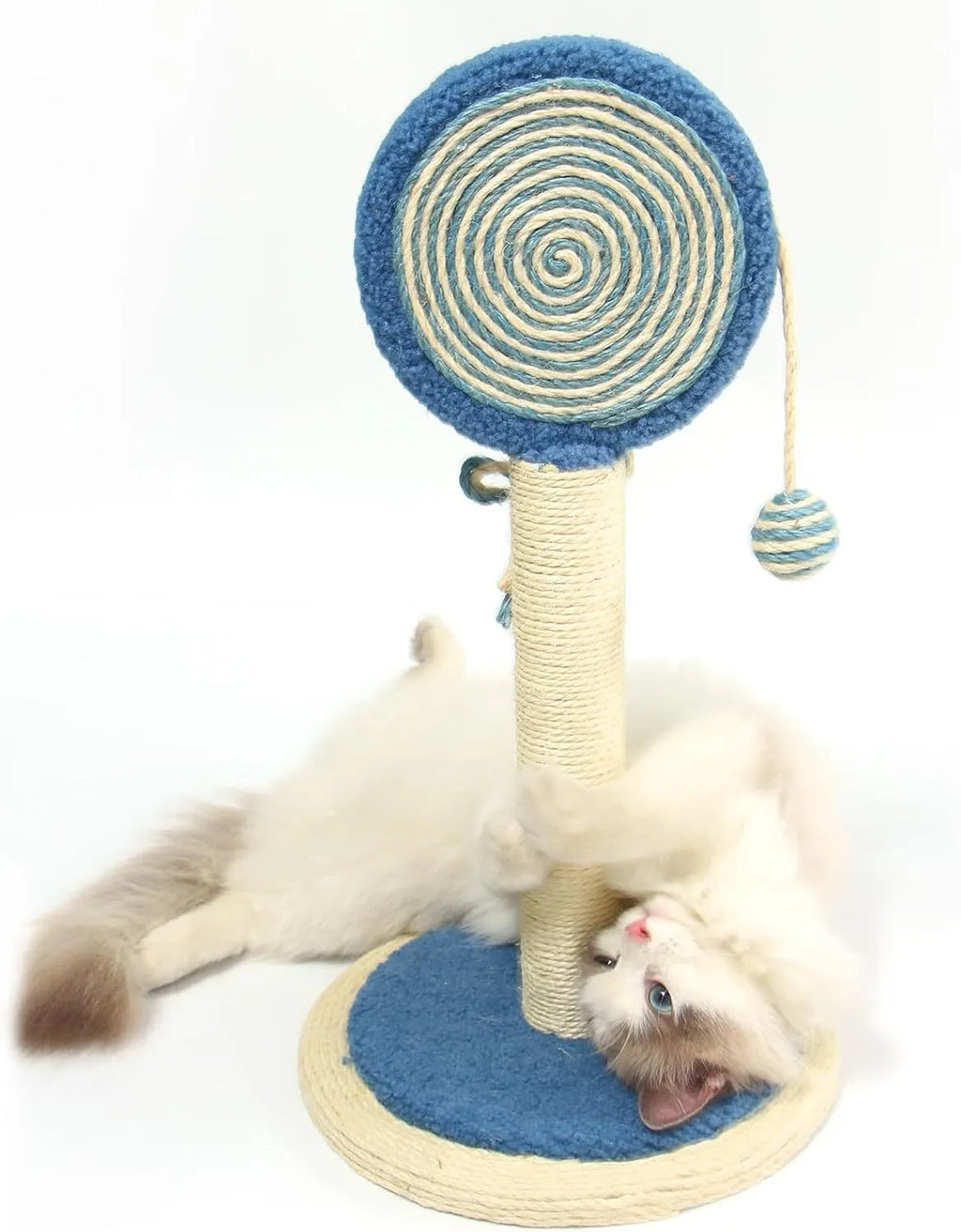 Blue cat scratching post with sisal rope and a hanging yellow ball on a sturdy wooden base.
