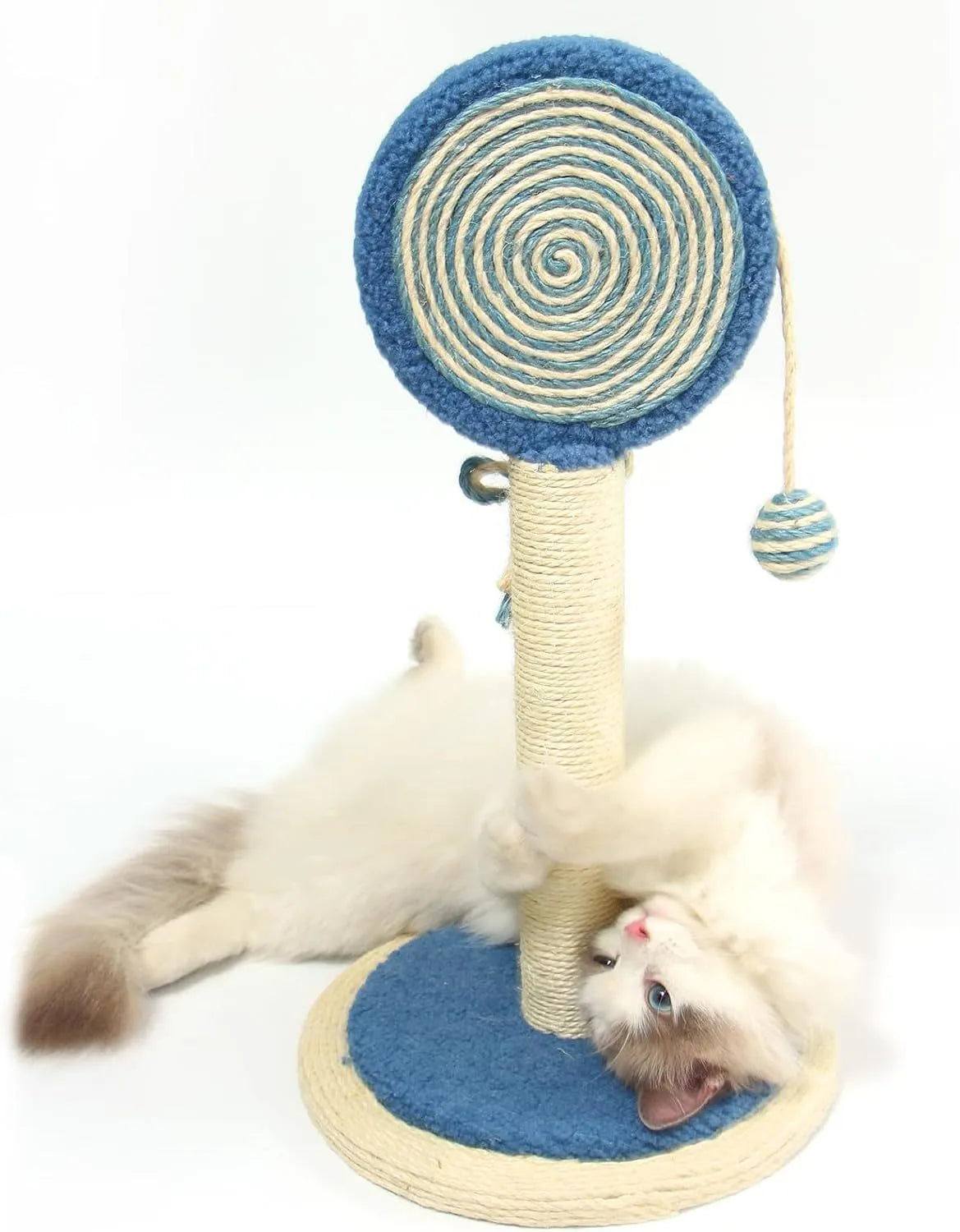 Blue cat scratching post with sisal rope and a hanging yellow ball on a sturdy wooden base.