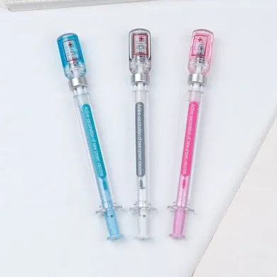 Creative vaccine pen design gel pen with 0.5mm black refill, 15.7cm plastic novelty writing instrument