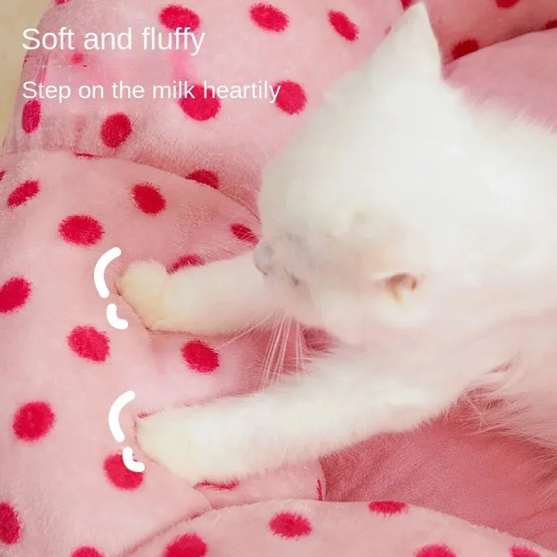 Pink dot fabric cat bed cushion shown in two size options for pets up to 20 pounds