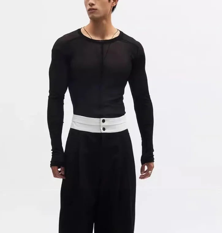 Women's black slim-fit mesh see-through long sleeve PU pullover on a hanger.