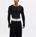 Women's black slim-fit mesh see-through long sleeve PU pullover on a hanger.
