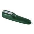 Dark green vegetable peeler with a storage tube and stainless steel blade on a kitchen worktop.