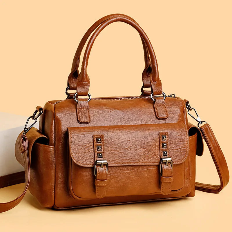 Vintage style square messenger bag in PU leather with stitching detail