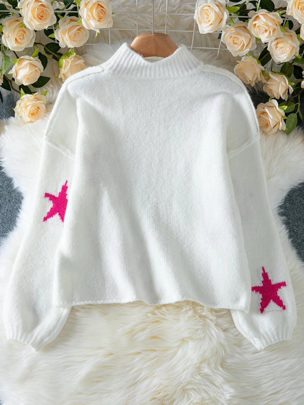 White women's turtleneck pullover with contrast star pattern on imitation velvet fabric
