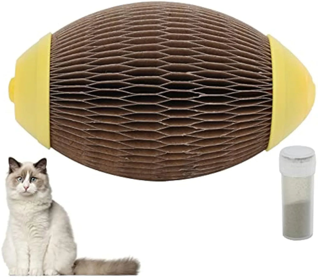 Green corrugated paper catnip football toy with scratching surface and catnip cavity.