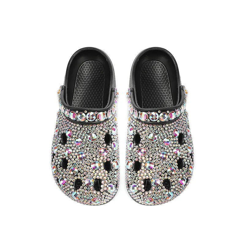 Black platform sandals with rhinestone decoration and hole shoes design for women
