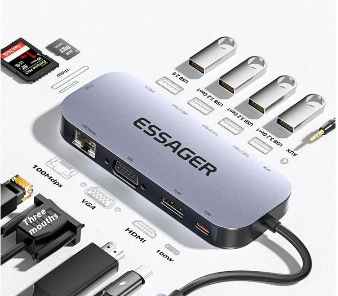 Black 11-in-1 USB-C laptop expansion dock with multiple ports and a 20cm white cable separator.