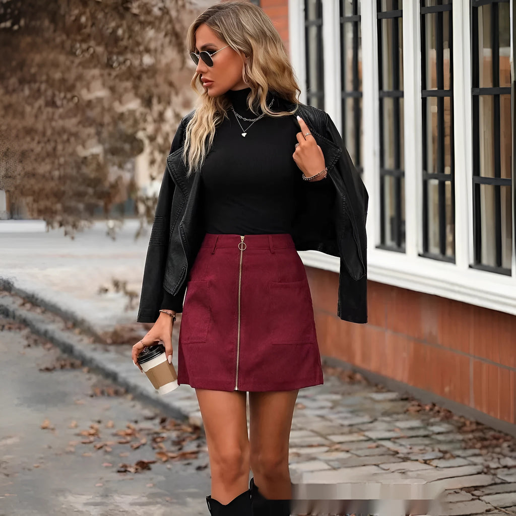 Women's high waist short skirt with zipper in black, camel, brick red, or dark green.