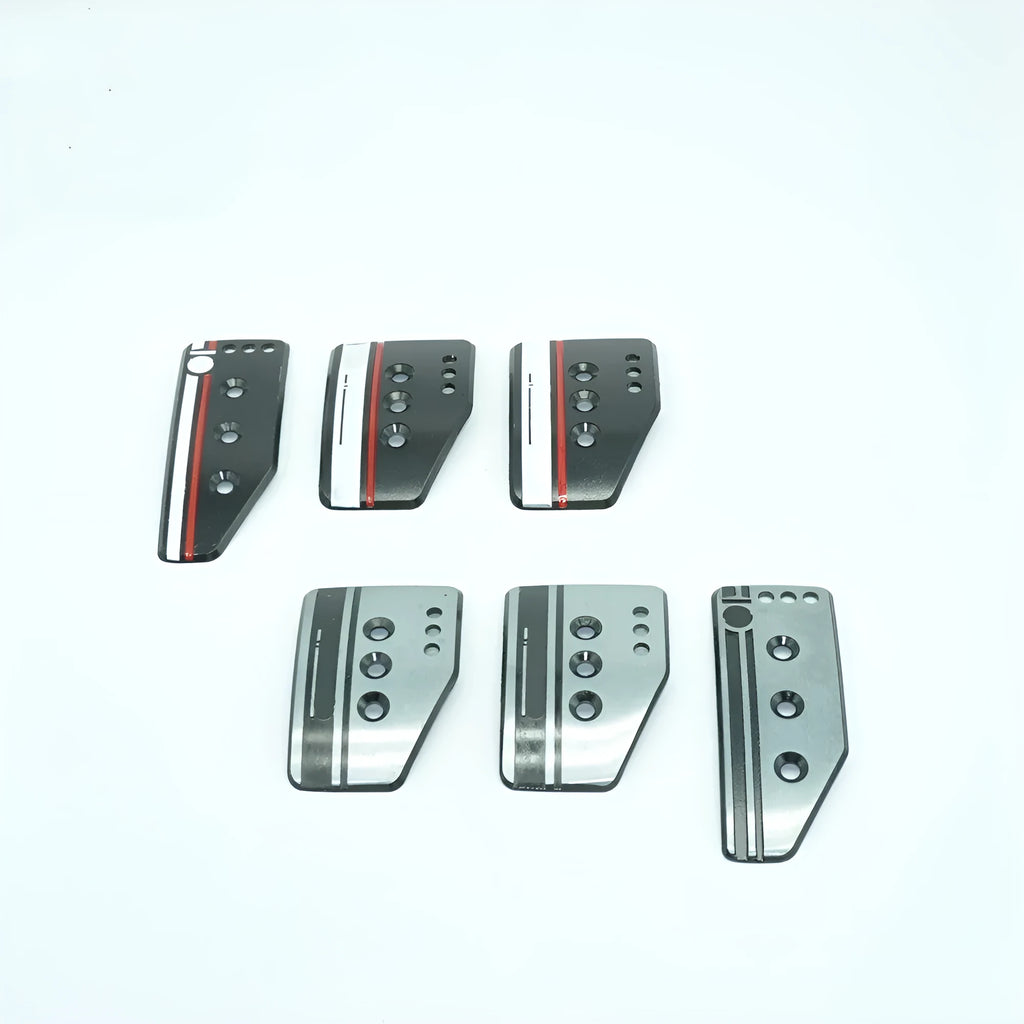 Aluminium alloy manual transmission car pedal set showing brake, accelerator, and clutch in grey finish