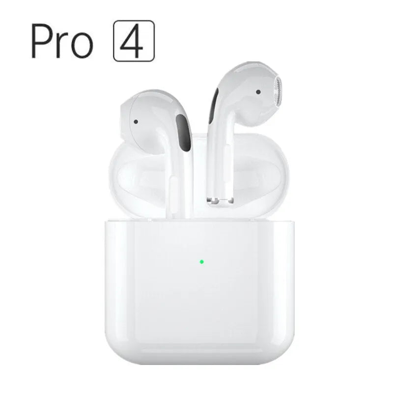 Pro4 White and Pro4 Black wireless in-ear sports Bluetooth headphones with charging case.