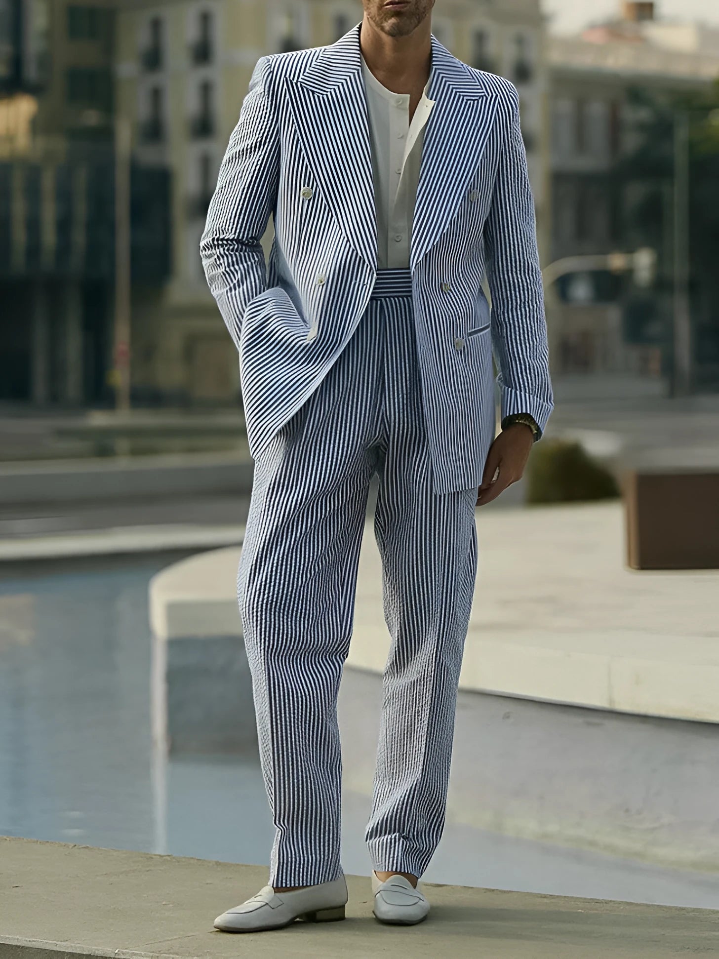 Men's blue and white striped polyester suit set with regular fit blazer and trousers on a hanger.