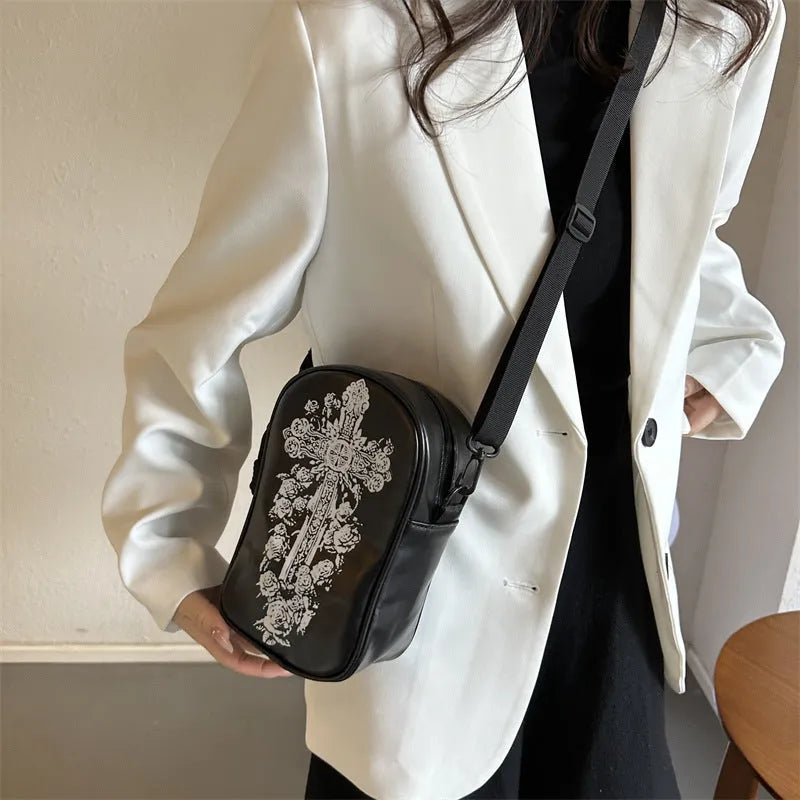 Halloween graffiti print crossbody shoulder bag with pumpkin ghost bat design