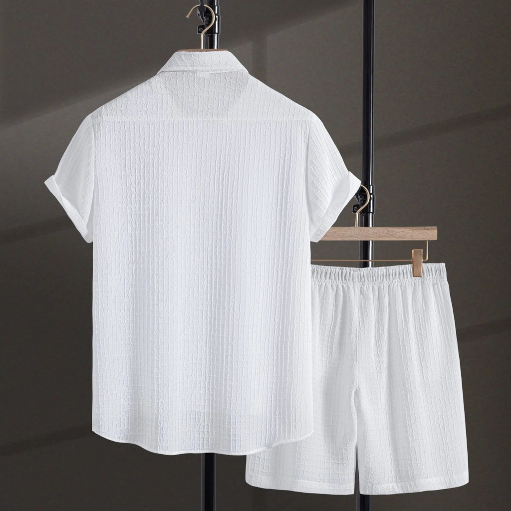 Men wearing black cotton blend jacard short sleeve shirt and matching shorts casual two piece suit