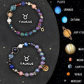 Two natural stone beaded bracelets with zodiac sign designs on a white background.