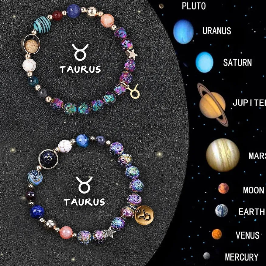 Two natural stone beaded bracelets with zodiac sign designs on a white background.