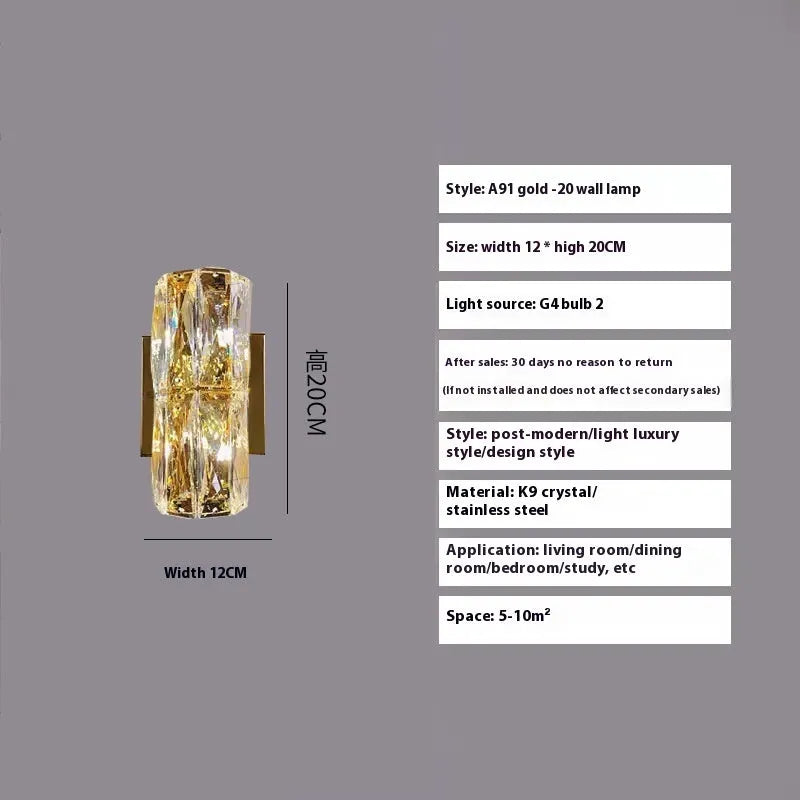 Crystal shade wall lamp with stainless steel body in chrome or gold finish, shown in multiple sizes.