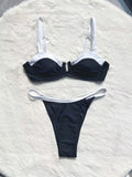 Black low waist bikini swimsuit with stitching split detail and briefs style cut