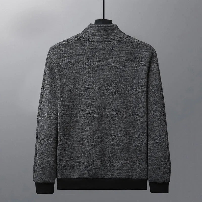 Men's black athletic fit casual jacket with a stand-up collar and front zip closure on a hanger.